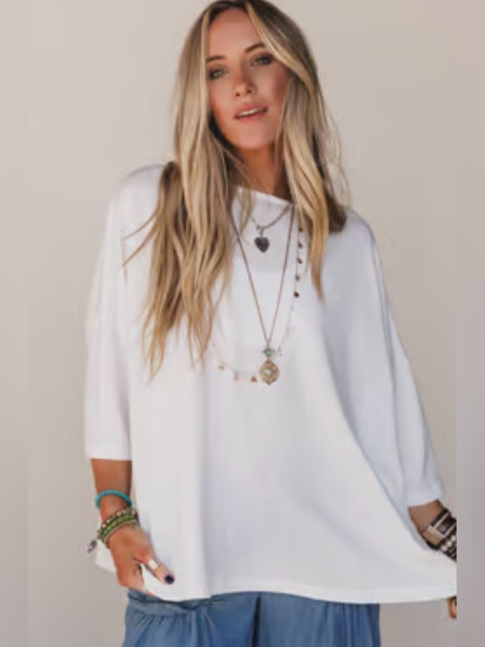 Three Bird Nest, medium, white boho top, The Nest Cozy Cool Oversized Tee